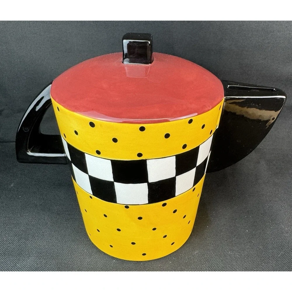 Vintage Mary Engelbreit Teapot Coin Piggy Bank 1995 Yellow Floral Polka Dots 6